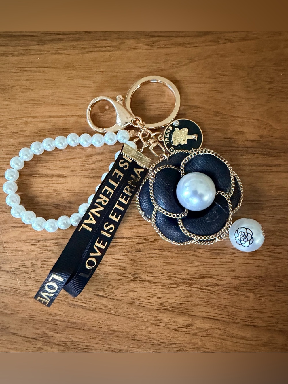 Coco Chanel ‘Love is Eternal’ Black Camellia & Faux Pearls Bag Charm/Keyring NEW